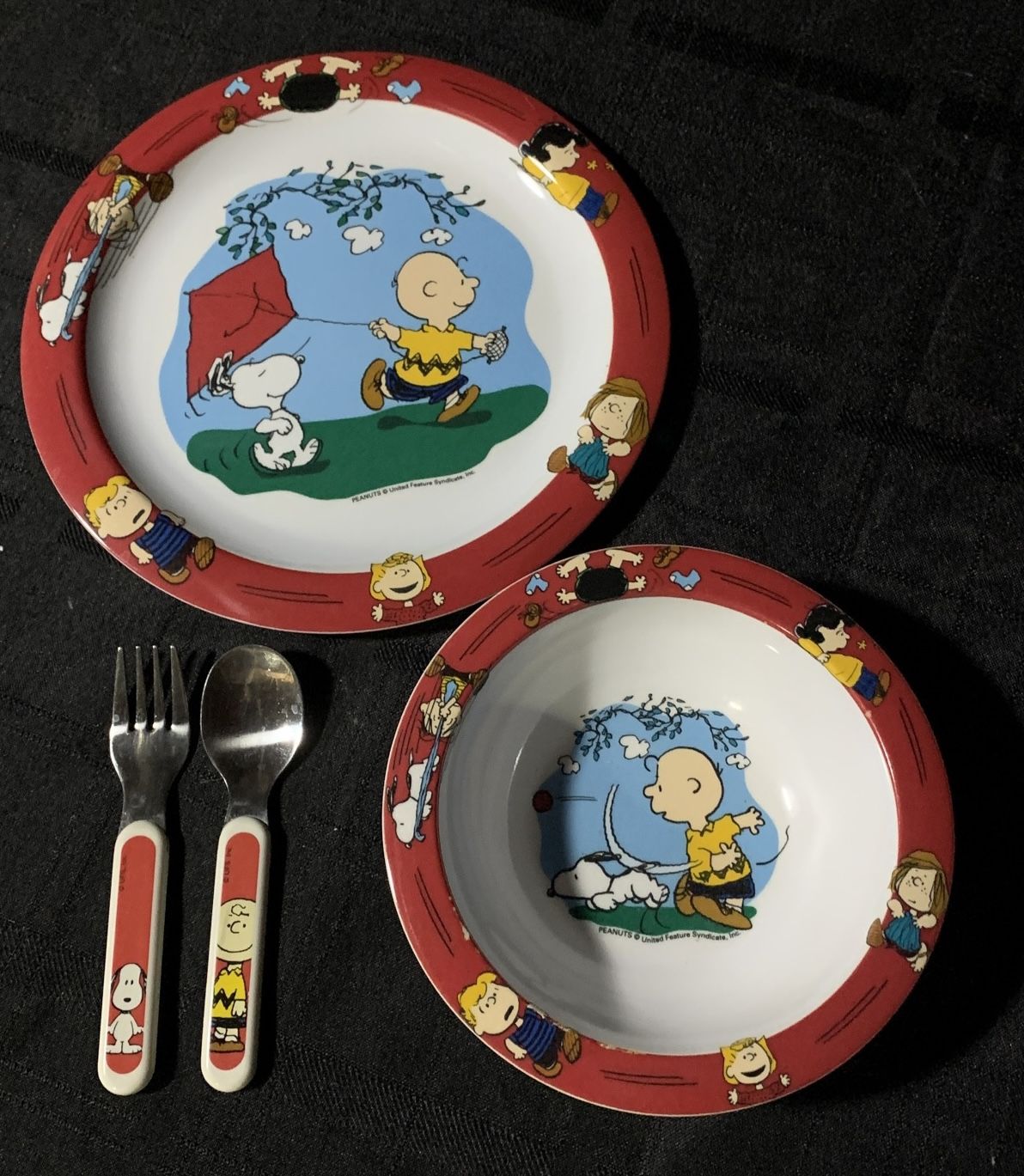 Vintage Trudeau Peanuts Snoopy & Charlie Brown kids melamine dinnerware set - bowl & plate & fork & spoon - very gently used