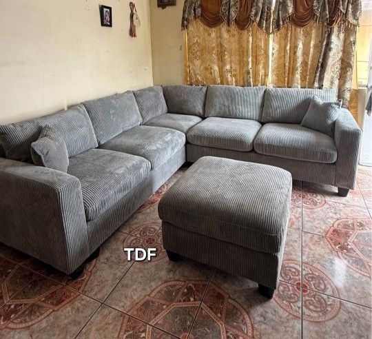 Brand New Grey Corduroy Sectional Sofa +Ottoman (New In Box)