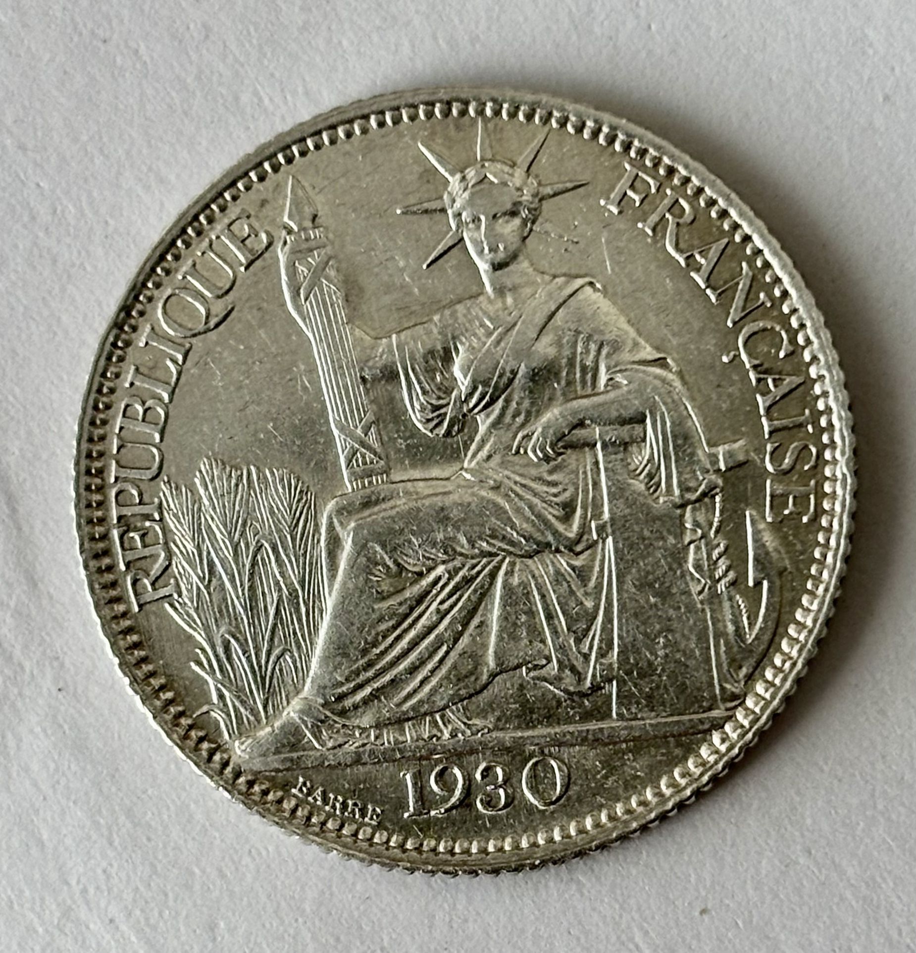 1930 French Indo China 20 Cent Silver Coin AU