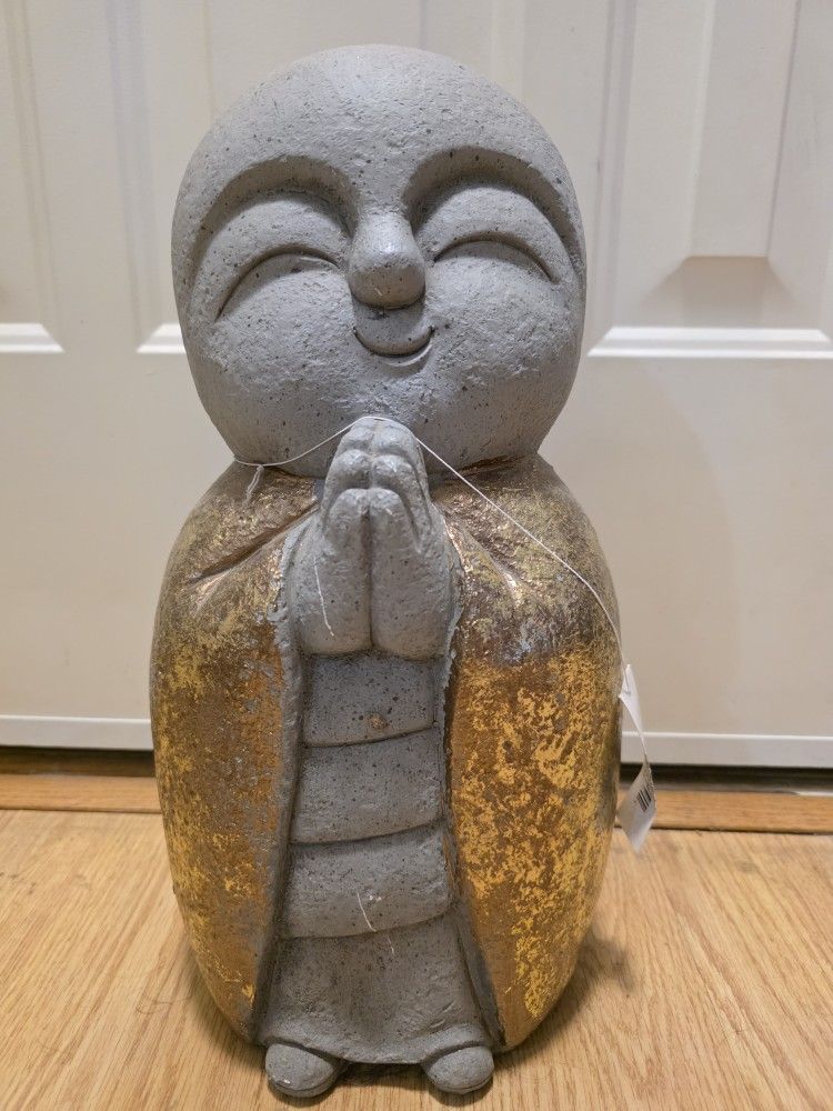 15" Gray and Gold Sweet Smiling Monk Indoor Outdoor Statue - Medium