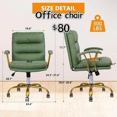 😀 Green and Gold Desk Chair Leather Office Chair with Padded Seat and Arms, Swivel Adjustable Height Computer Chair with Wheels for  Girls Women Stud