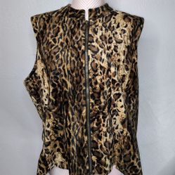 Vintage Jordan Leopard Print Faux Fur Zip Front Sleeveless Lined Vest Size XL