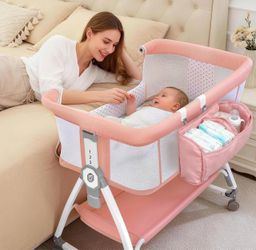 Baby Bassinet with Wheels, 6 Heights, Light Pink 6 Height Settings, Storage Bag, Opening Side Panel, Breathable Mesh Sides, Lockable Wheels, Mosquito 