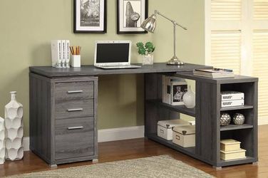 L-Shaped Desk with Articulating Return Grey Wood Finish ONLY $299- SALE!