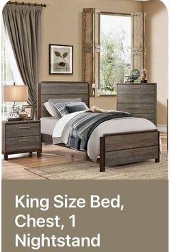 King size bed , 1 chest & nightstand