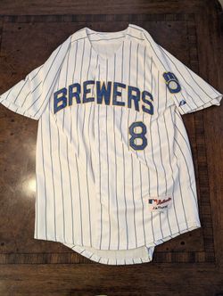 MILWAUKEE BREWERS RYAN BRAUN Jersey Men 50 MLB Baseball Majestic Pinstripe Sewn 