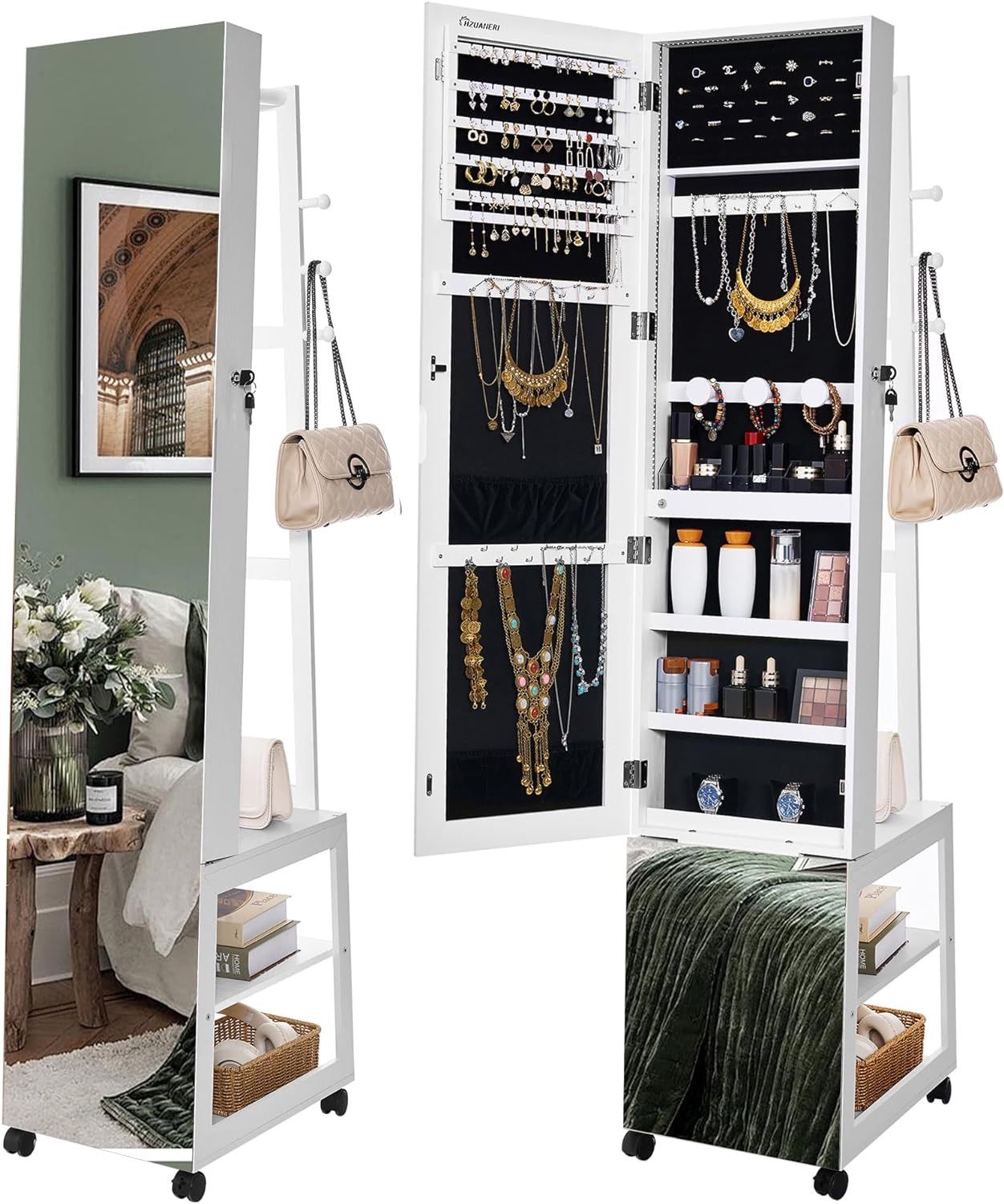 Jewelry Cabinet with Light strip, 66.5-inch mirror Jewelry Armoire Standing with Garment Rack,Movable Full-length Mirror with Wheels,Lockable Storage 