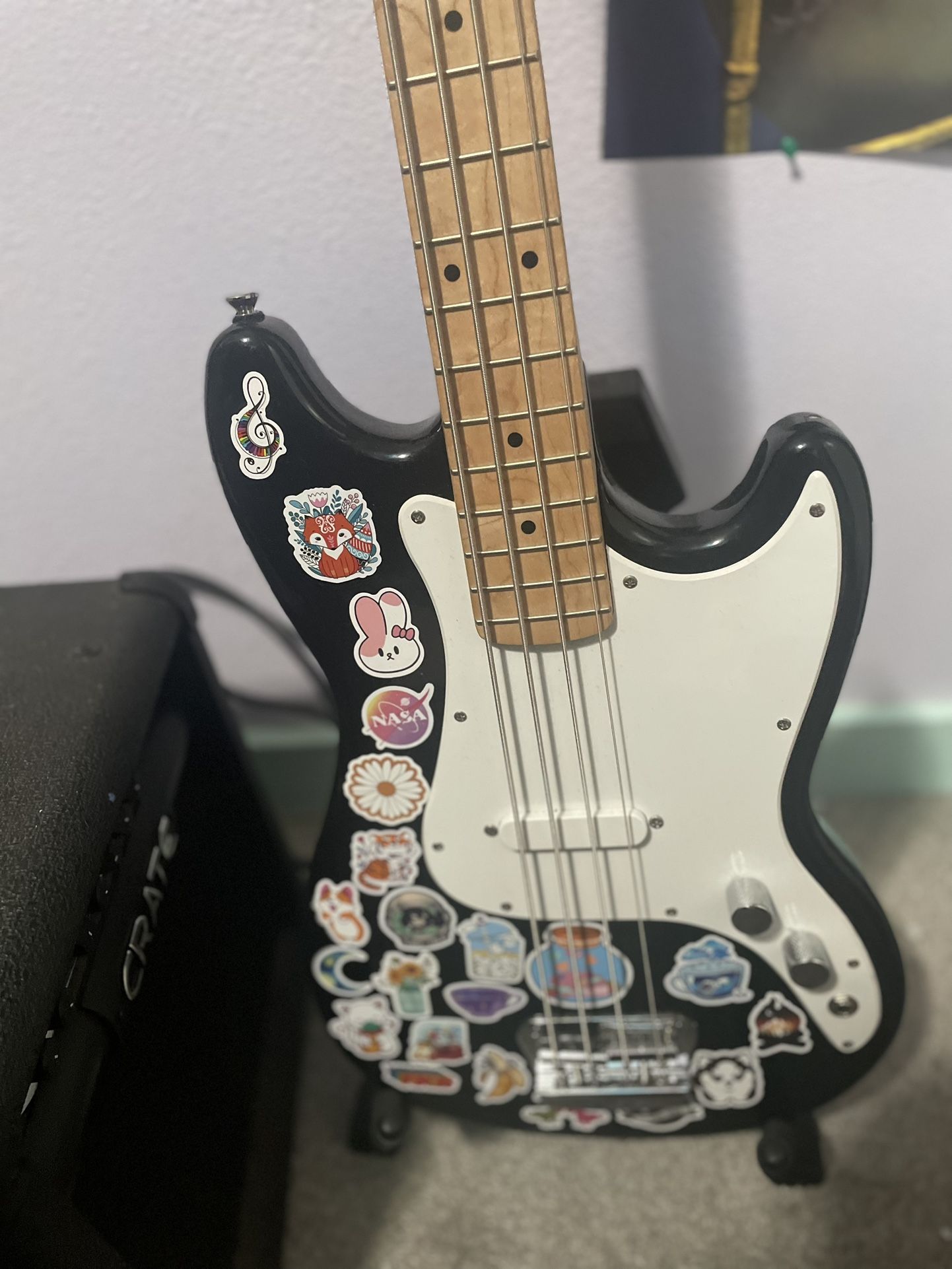 Fender Squire Bronco Bass with amp, case, strap, and cords