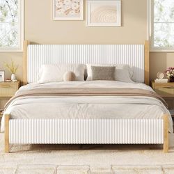 King Size Bed Frame, Corduroy Upholstered King Bed Frame, King Bed Frame and headboard, No Box Spring Needed, Wooden slats, Noise-Free, Easy Assembly,