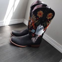 Rock'Em Womens Western Boots Size 8.5 Brown Wood Finish With Floral Design 