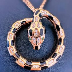 Jewelry 18k solid rose gold 0.2CTW Natural Diamond 0.03CTW Emerald stone Necklace 24” Chain Snake Pendant