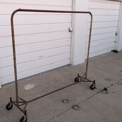 Commercial clothing rack rolling closet metal coat shelf on casters rustic patina 6'x6' store display boutique