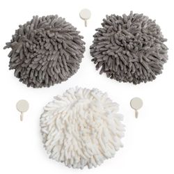 Fluffy Puffin's Fluff Ball Hand Towels, Set of Three, with Wall Hook Attachments