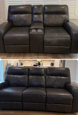 leather power reclining sofa and loveseat with center console