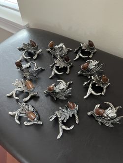 12 Pewter Napkin Ring Holders with Wood Acorn