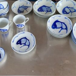 Vintage Cobalt Blue Koi Dinner China 27 Pc