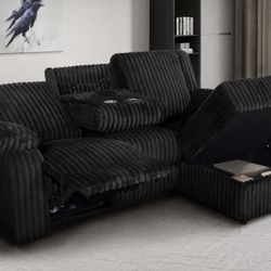BLACK OR GRAY FUR LIKE CORDUROY COMPACT SECTIONAL WITH RECLINER/STORAGE  
