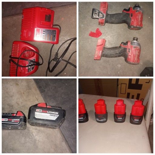 2 Milwaukee Battery Chargers 2 Impact Drills 6 Batteries