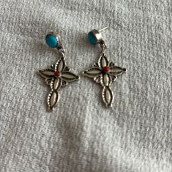 Vintage Sterling Silver Dangle Earring With Turquoise And Coral