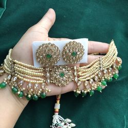 Kundan Polki Gemstone Chocker Earrings Necklace Jewelry Set 