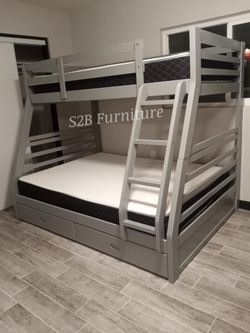 Twin Full Grey Bunkbed With Orthopedic Mattress Included