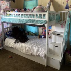 $100White Twin Over Twin Bunk Bed With Stairs And Drawer