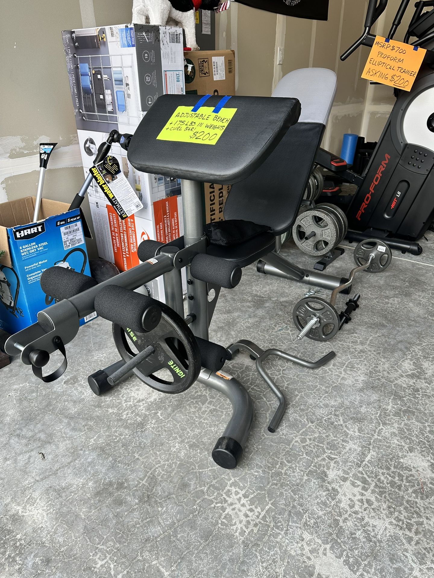 Home Gym Free Weight Adjustable Bench + Curl Bar & Weights