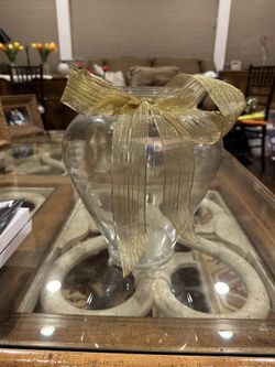 Large Glass Vase With Gold Ribbon.