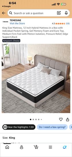 Temesine King Size 12-Inch Hybrid Mattress NEW IN BOX