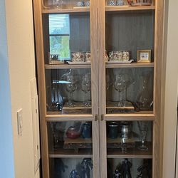 Bookcase -Shelving Oak With Glass Doors- Storage 