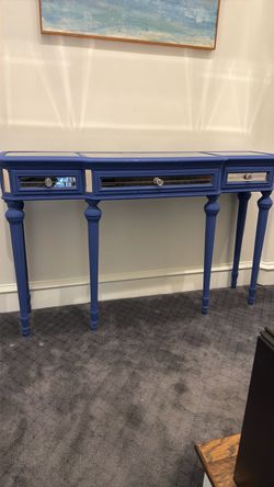 Blue Mirrored Console Table with 3 Drawers