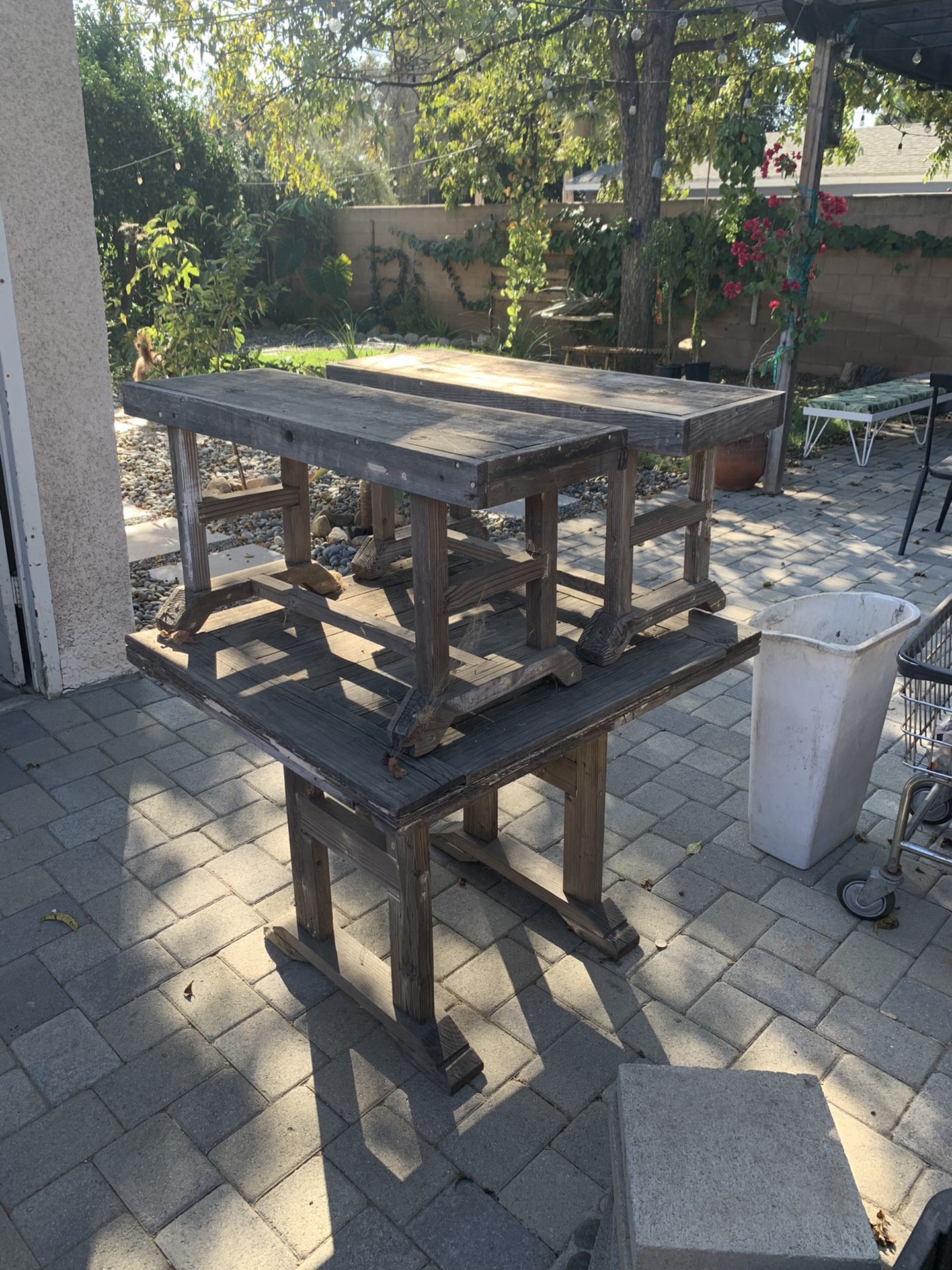 Free wood table, benches, garden pots,