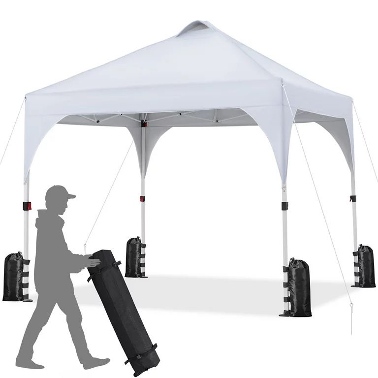 10x10ft Outdoor Pop up Canopy Camping Tent with Surrounding Edge Wheeled Bag, White