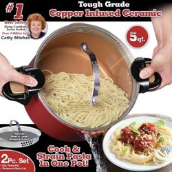 Red Copper Infused Non-Stick Ceramic 5Qt Pasta Pot 2pc Cook & Strain Pot Set