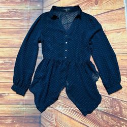 Story On Women’s Long Sleeve Sheer Button Down Blouse Navy Size Large