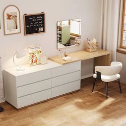 Extendable Mid-Century Vanity Desk, L-Shaped Wooden Makeup Table with 6 Drawers & Storage