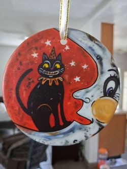 Retro Halloween  cat and moon glass ornament..