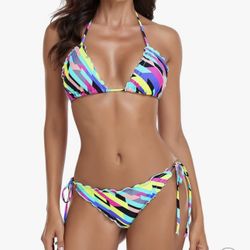 NWT RELLECIGA Women's Wavy Bikini Set Neon Striped L