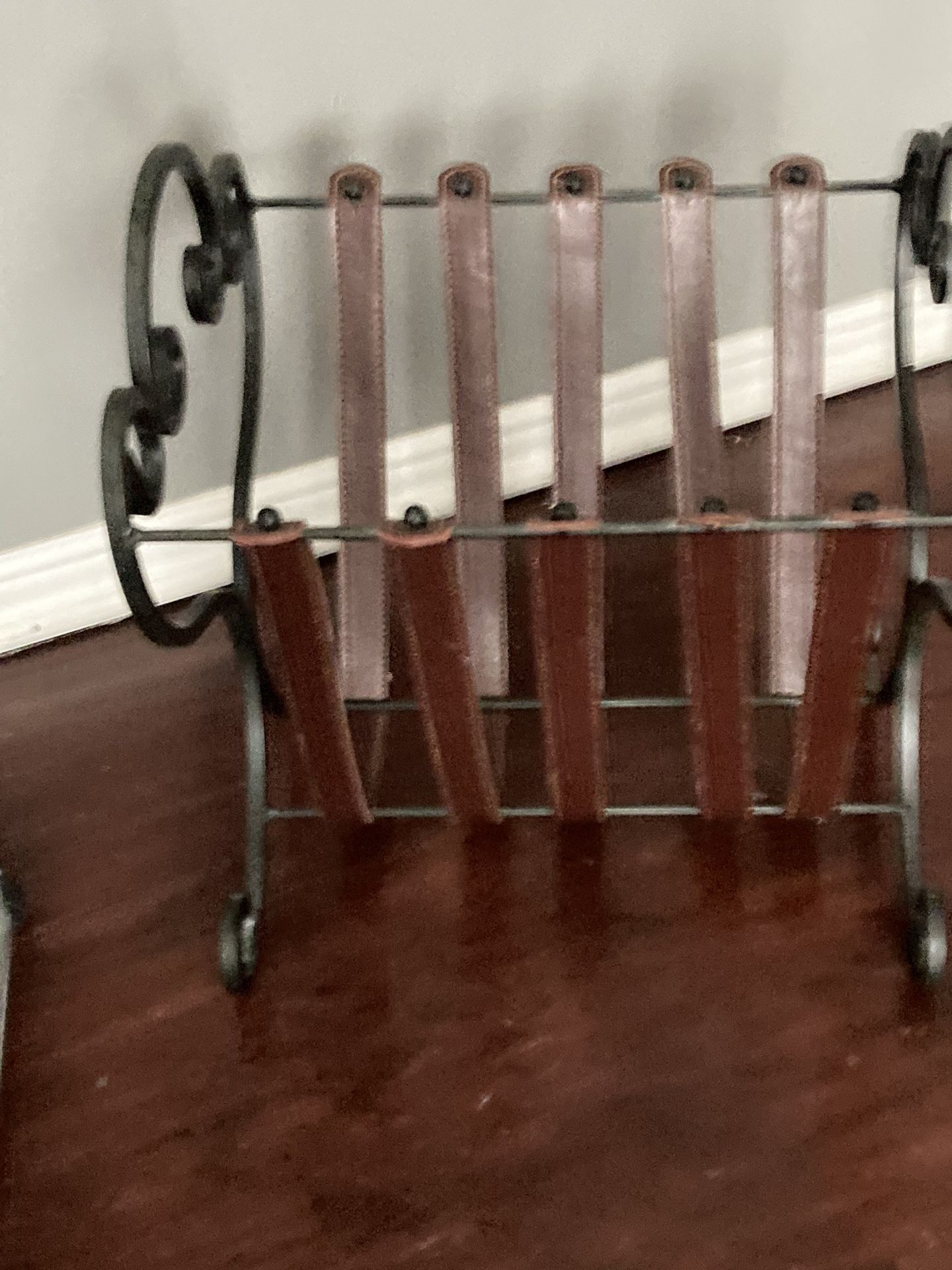 Contemporary Wrought Iron and Stitched Leather Magazine Rack