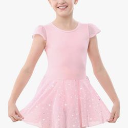 Girls Dance Leotard with Skirt Toddler Pink Ballet Outfit Ruffle Sleeve Kids Dance Dress