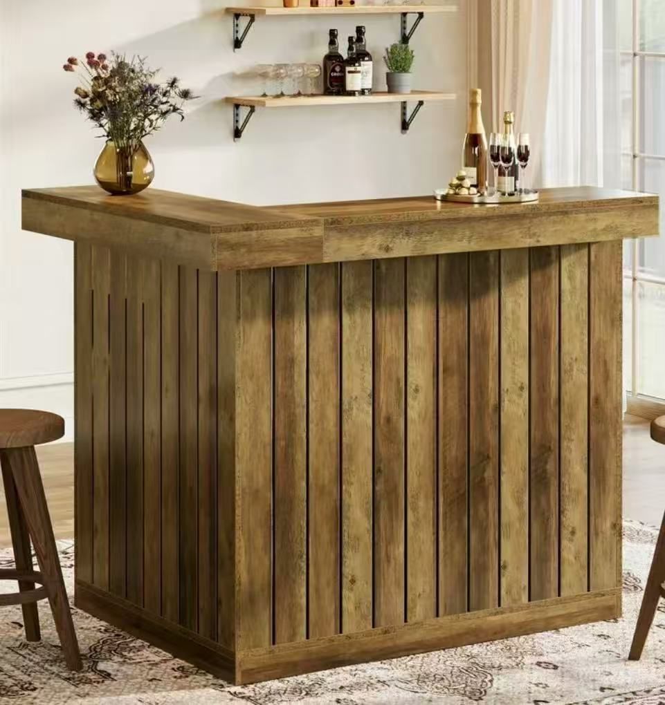 YS0318 L-Shaped Home Bar Unit with Storage Shelves and Wine Glasses Holder for Home Pub, Brown