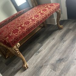 Antique French-Style Ornate Bench with Clawfoot Legs and Red Damask Upholstery