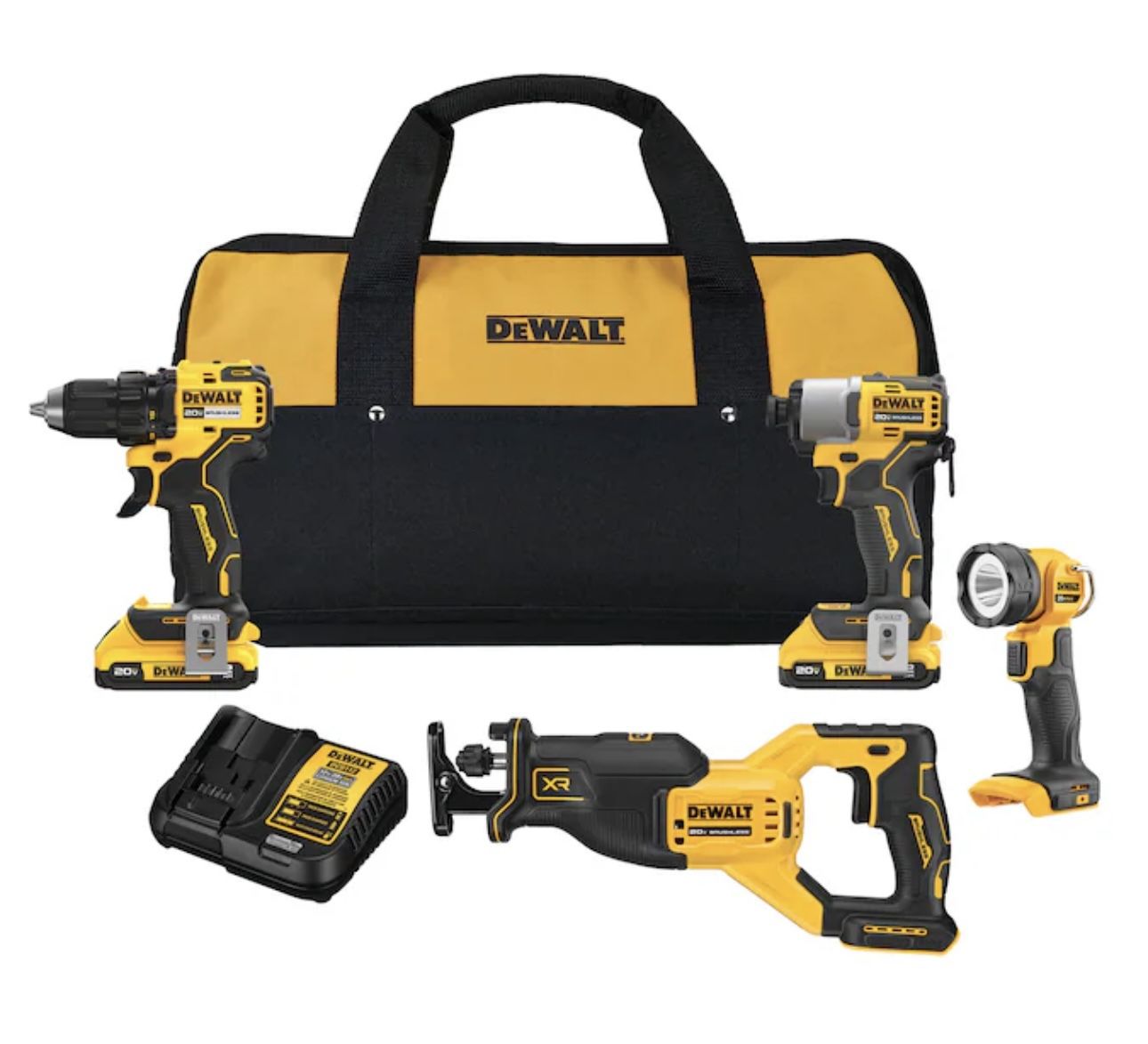 DEWALT 20V MAX 4-Tool Brushless Power Tool Combo Kit w/ Soft Case (2-Batteries and Charger Included)