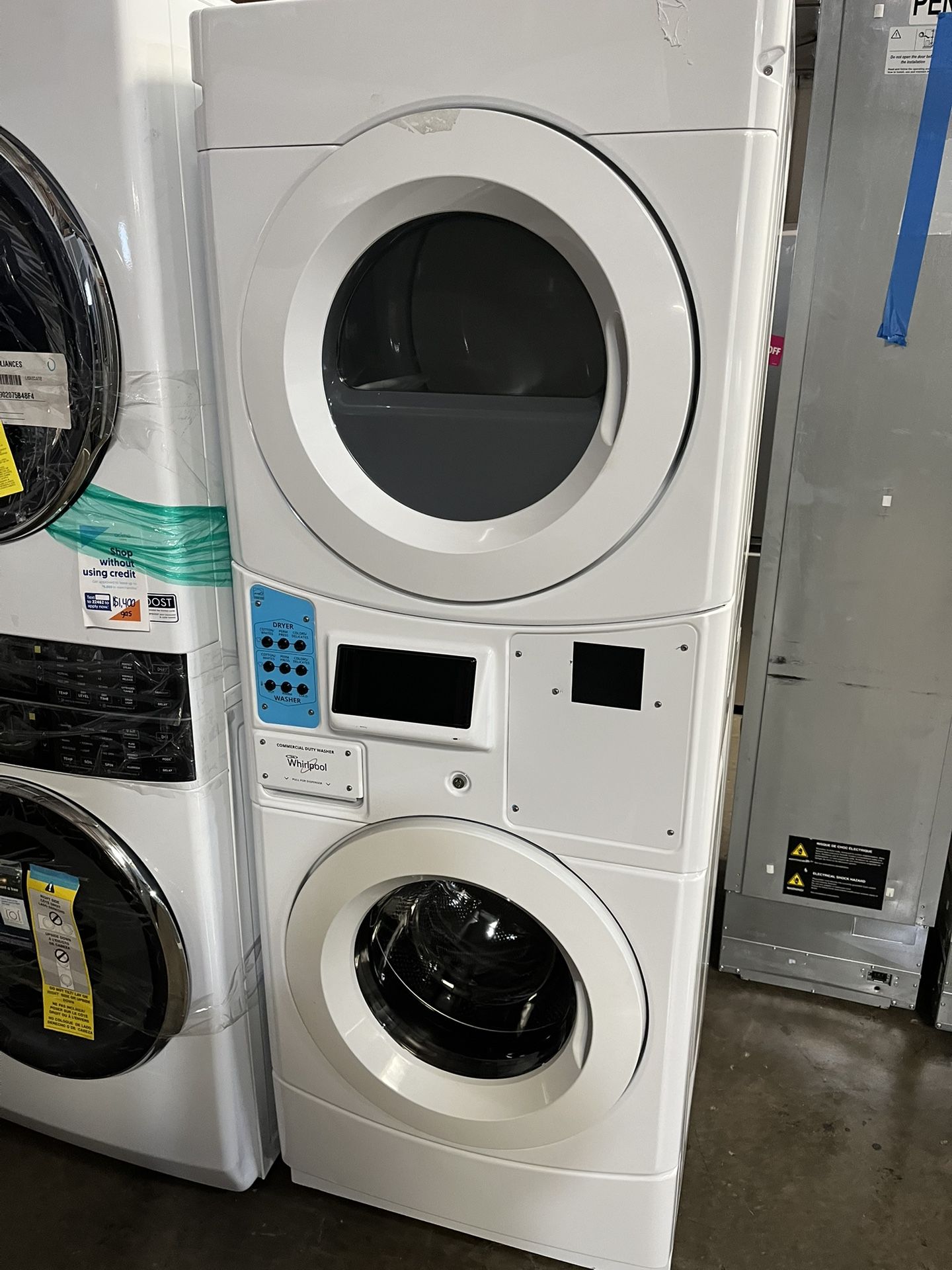 WHIRLPOOL COMMERCIAL STACKED WASHER AND ELECTRIC DRYER