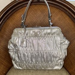 Metallic Silver Leather Prada Handbag