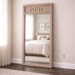 Large Vintage Mirror — Solid Wood, Taupe Frame, Arched Detail