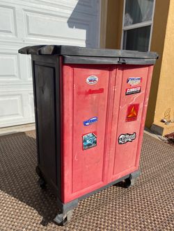 Red Plastic Storage Cabinet on Wheels