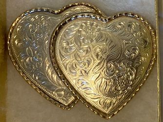Vintage Metal Belt Buckle, Silver and Brass, Double Hearts, 2 Hearts, Nice Western Design, 3 1/2" x 2 1/2", Heavy Duty, Quality, Made in USA, Thick Me
