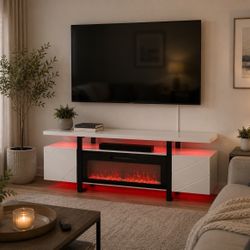 NEW! Tv Stand With LED Lights & Electric Fireplace For Up To 80in TVs 
