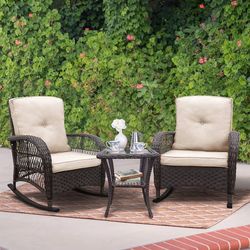 3 Pieces Outdoor Wicker Rocking Chair Set, Patio Conversation Set with 2 Rattan Rocker Chairs and Glass Coffee Table for Garden Porch Sunroom Deck Bac